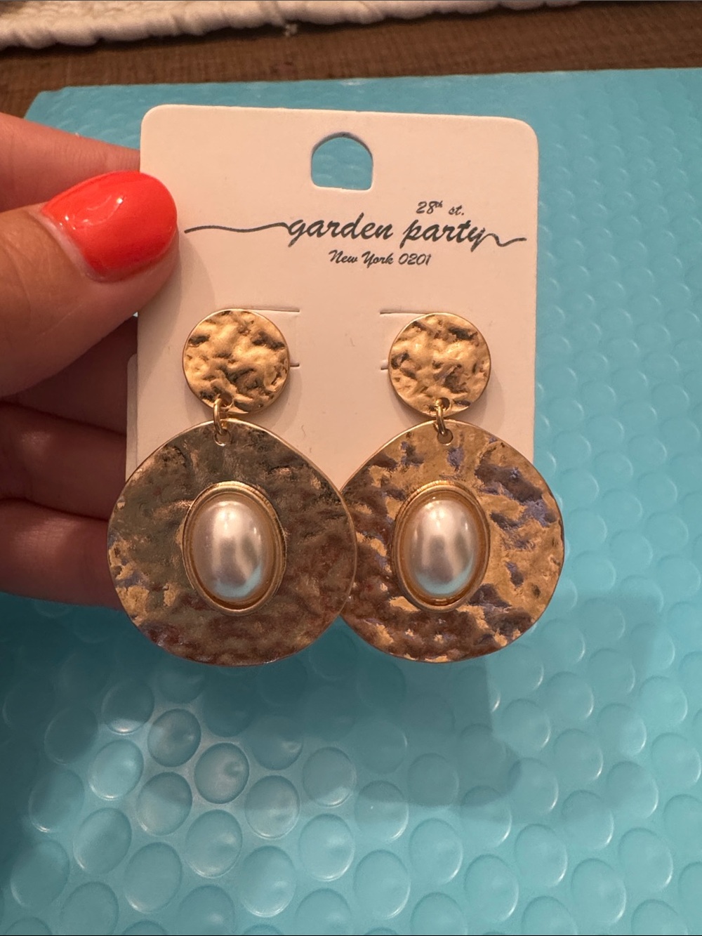 Garden Party Gold Hammered Disc Earrings with Pearl Accent